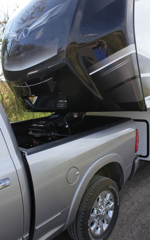 Close up of truck bed towing a trailer