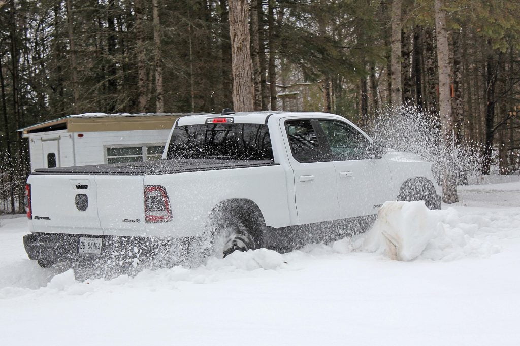 Truck tires spinning in the snow