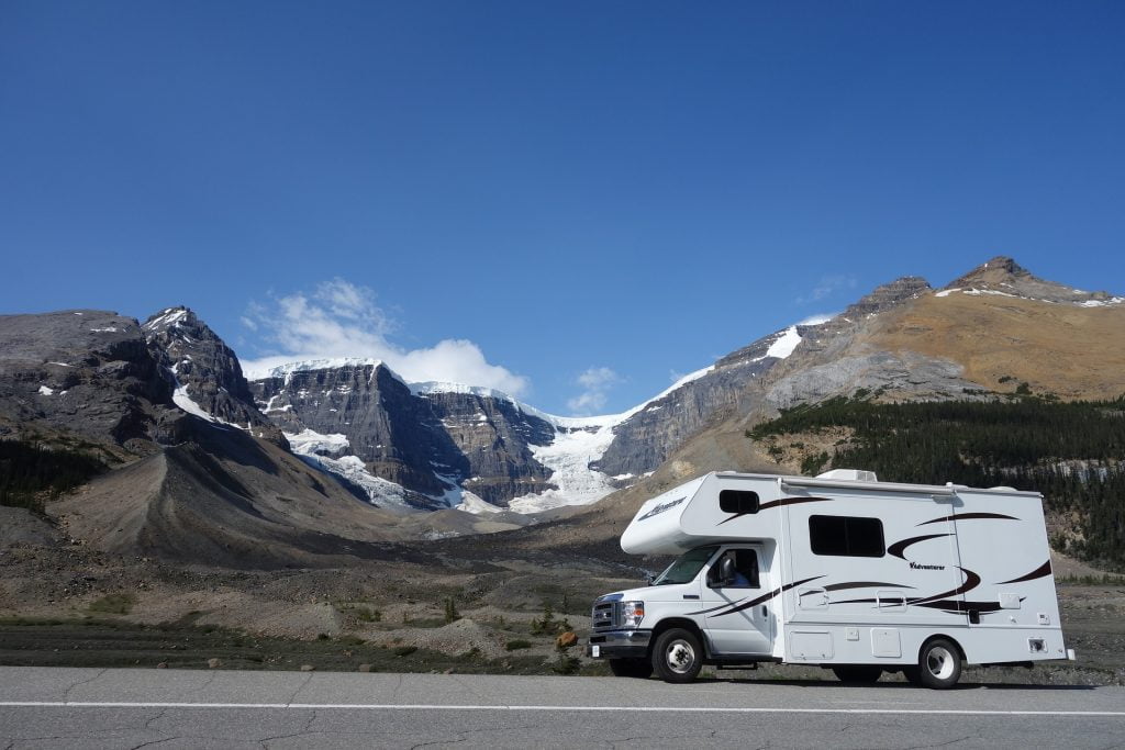 RV with a mountain background