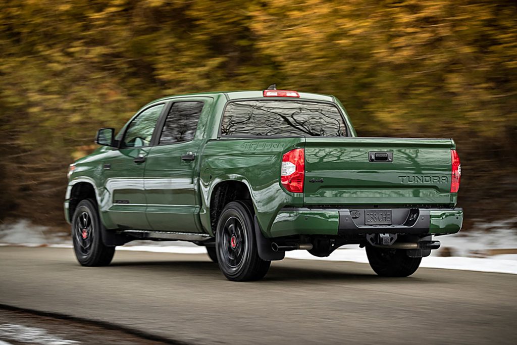 Exterior rear end of Army Green Toyota Tundra