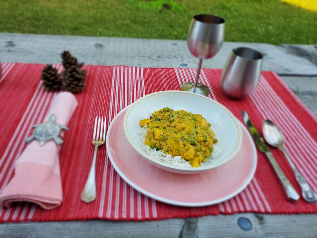 Bowl of Vegetable Halloumi Biryani on a table