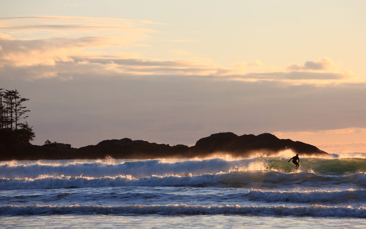 A male surfer in Tofino, British Columbia, Canada. Surfer is unrecognizable. Beautiful backlighting.