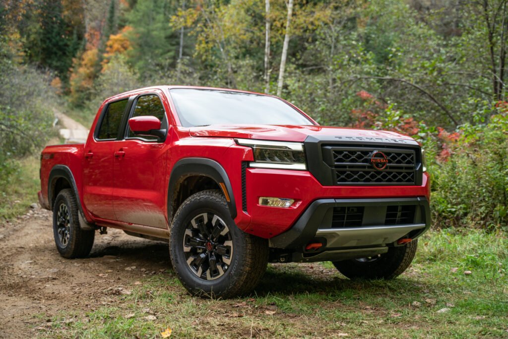 Exterior view of a red 2022 Nissan Frontier.