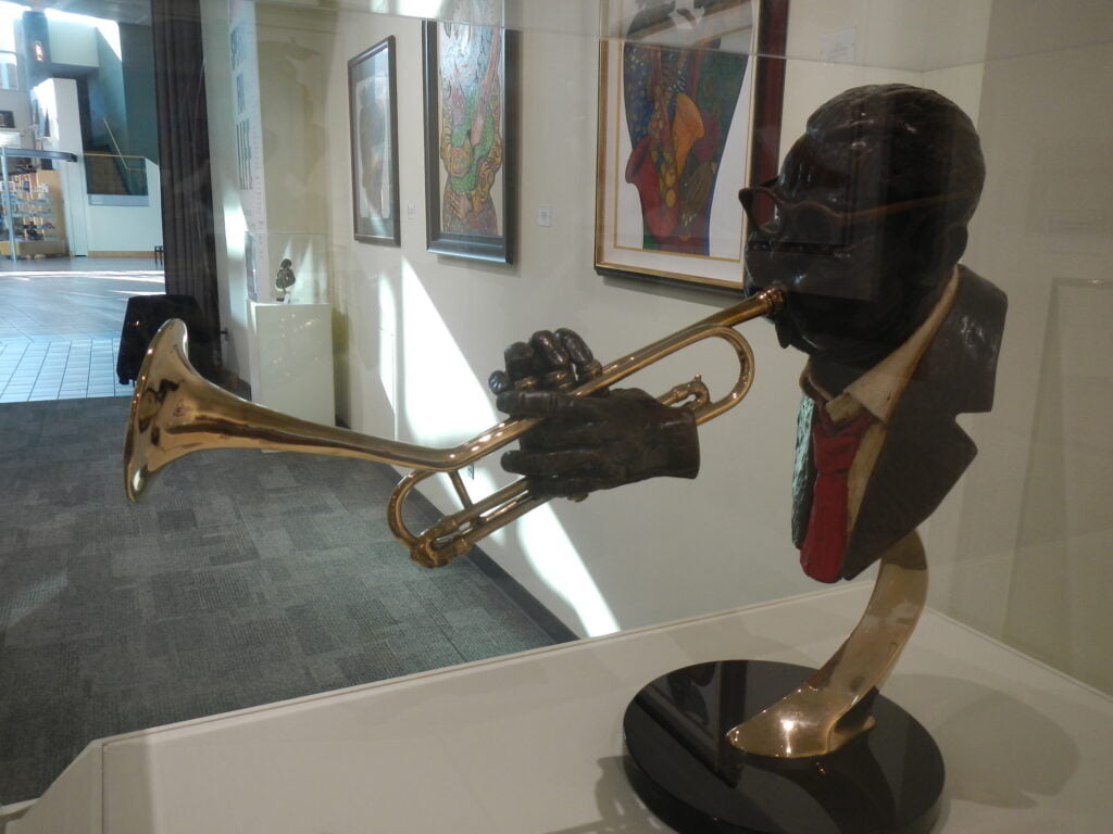 Display of Dizzy Gillespie playing his trumpet inside the National Music Museum in Vermillion, South Dakota.