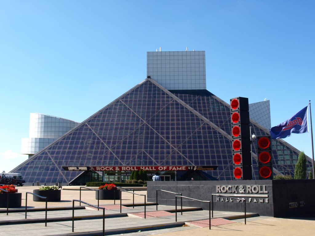 Exterior shot of the Rock & Roll Hall of Fame in Cleveland, Ohio.