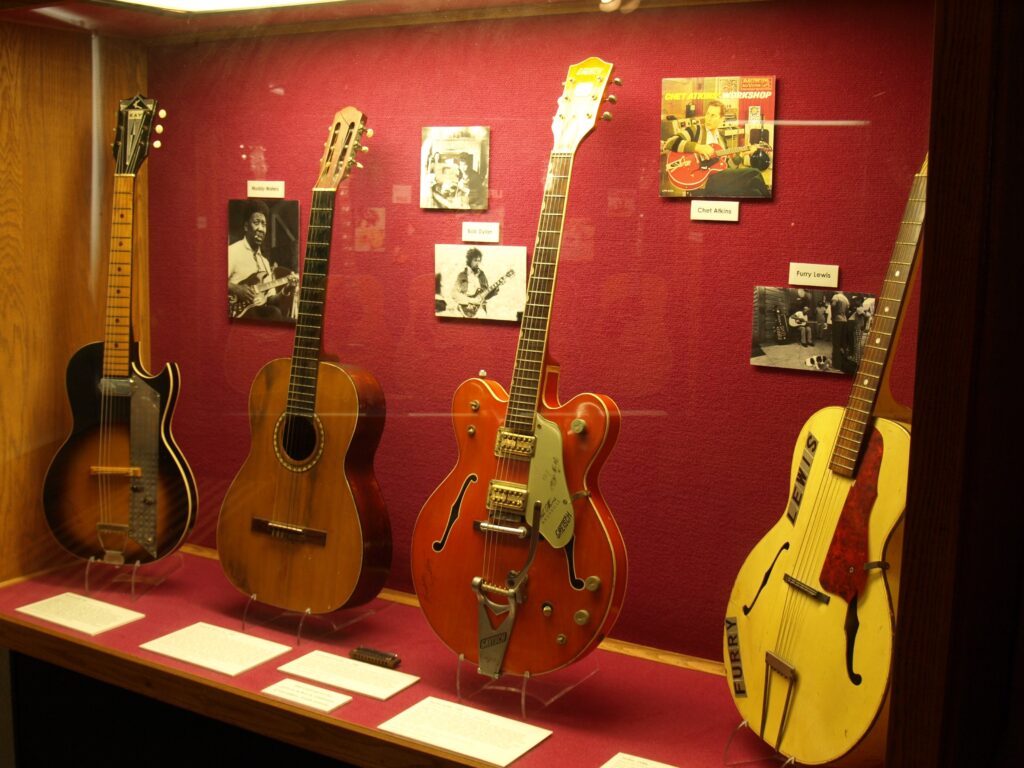 Display of guitars inside the National Music Museum in Vermillion, South Dakota.