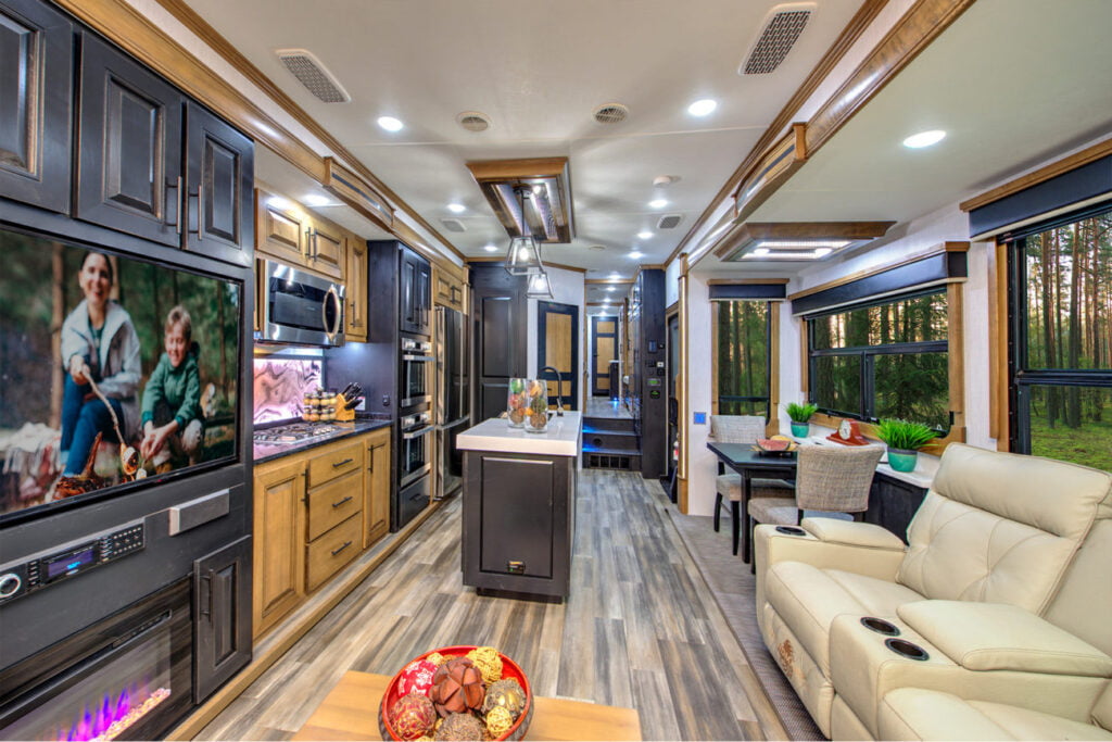 Interior view of the living space in the Landmark Chesapeake RV.