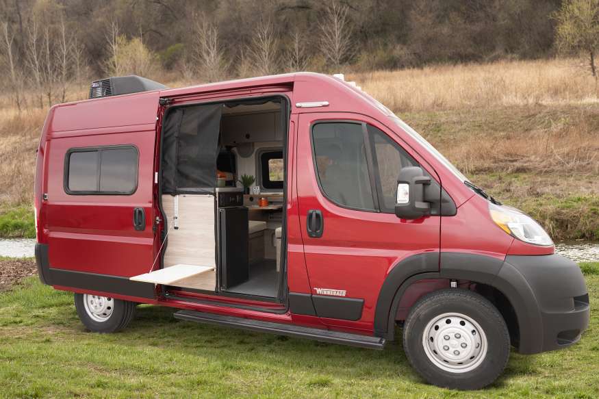 Exterior view of a red 2022 Winnebago Solis Pocket RV.