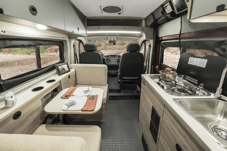 Interior view of the 2022 Winnebago Solis Pocket RV lounge.