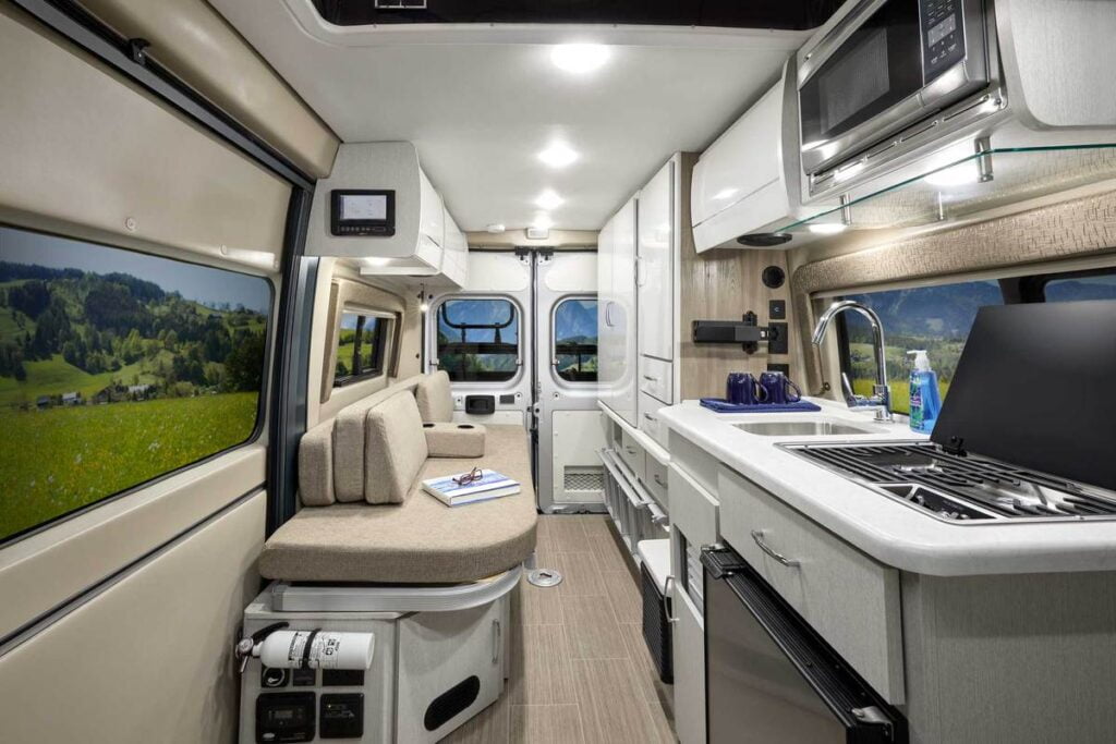 Interior view of the living space within a Thor Rize RV.