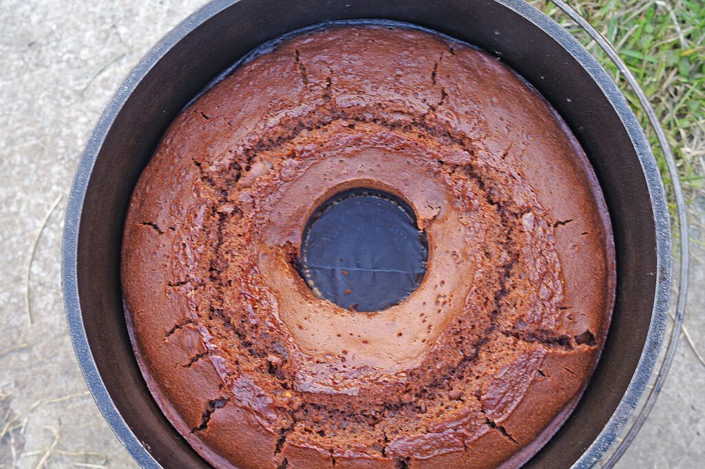 One bowl chocolate cake in a Dutch oven