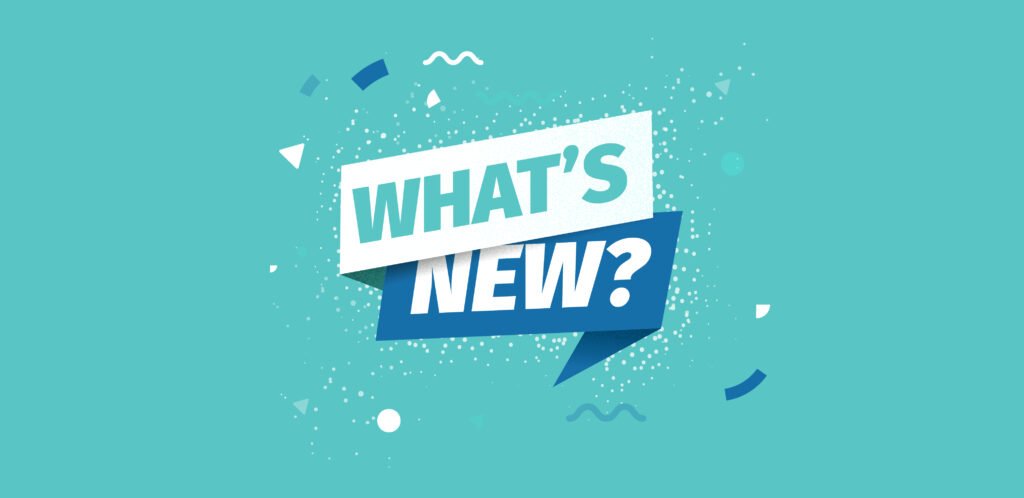 he words “What’s New” with confetti on a blue background.