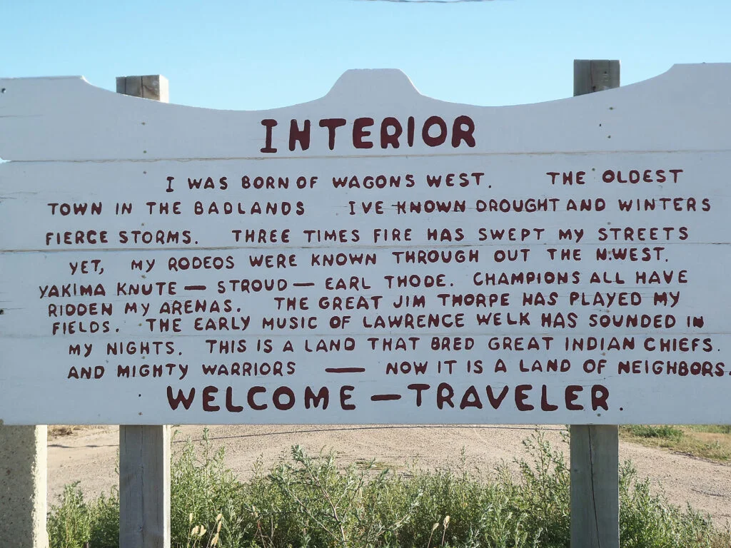 Welcome sign to Interior South Dakota.