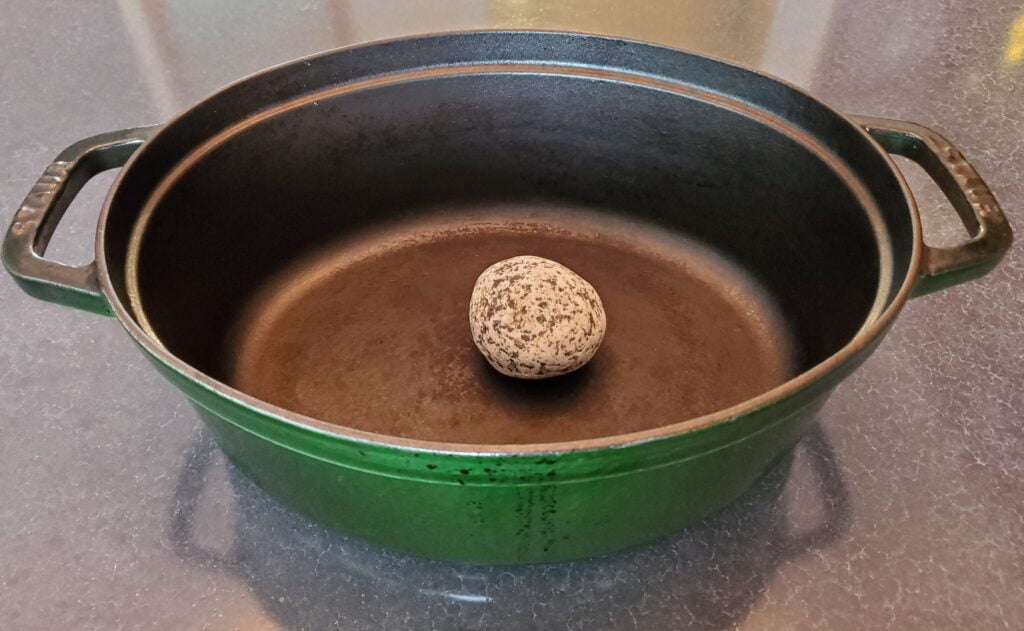A stone, the secret ingredient of stone soup, in an empty pot
