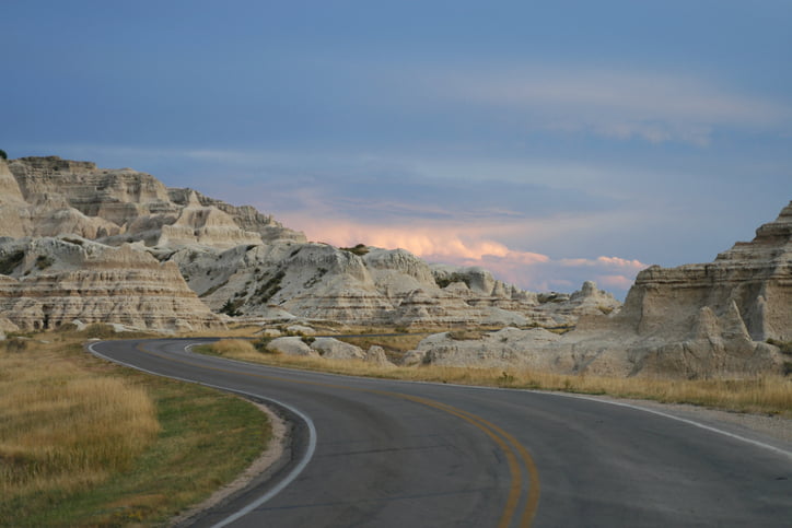 Badlands National Park in South Dakota at sunset