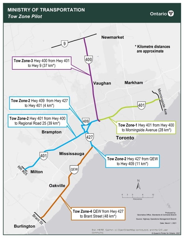 Photo of Ontario Ministry of Transportation Tow Zone pilot map