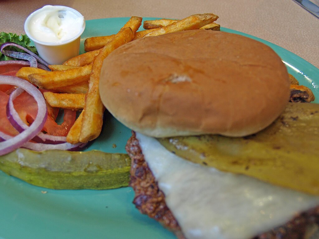 Cheeseburger and fries from one of the Western U.S. food trails.