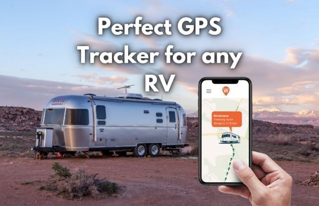 Hand holding a smart phone showing the WhereSafe app tracking an RV with an RV in the background. 