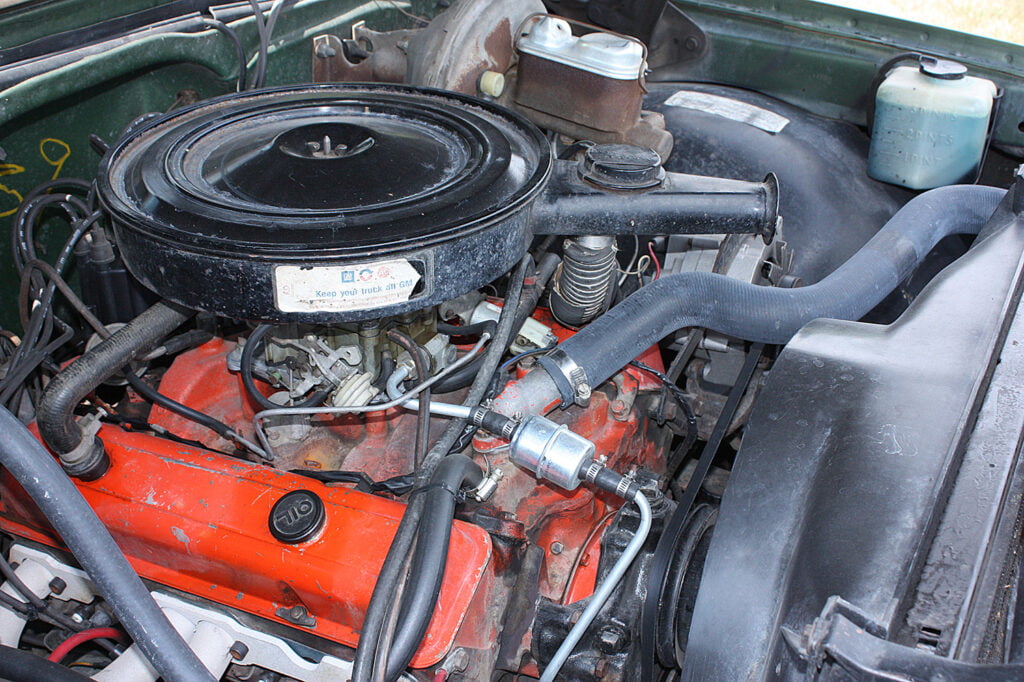 Under the hood of a 1971 Chevy Cheyenne Super10, considered by many to be Chevrolet’s most beautiful pickup trucks.