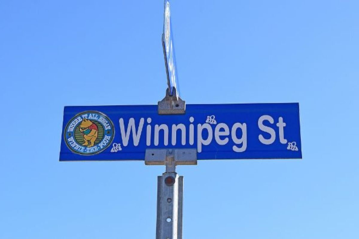Winnipeg Street sign in White River with an illustration of Winnie the Pooh and honeybees, and the word “Where it all began”. 