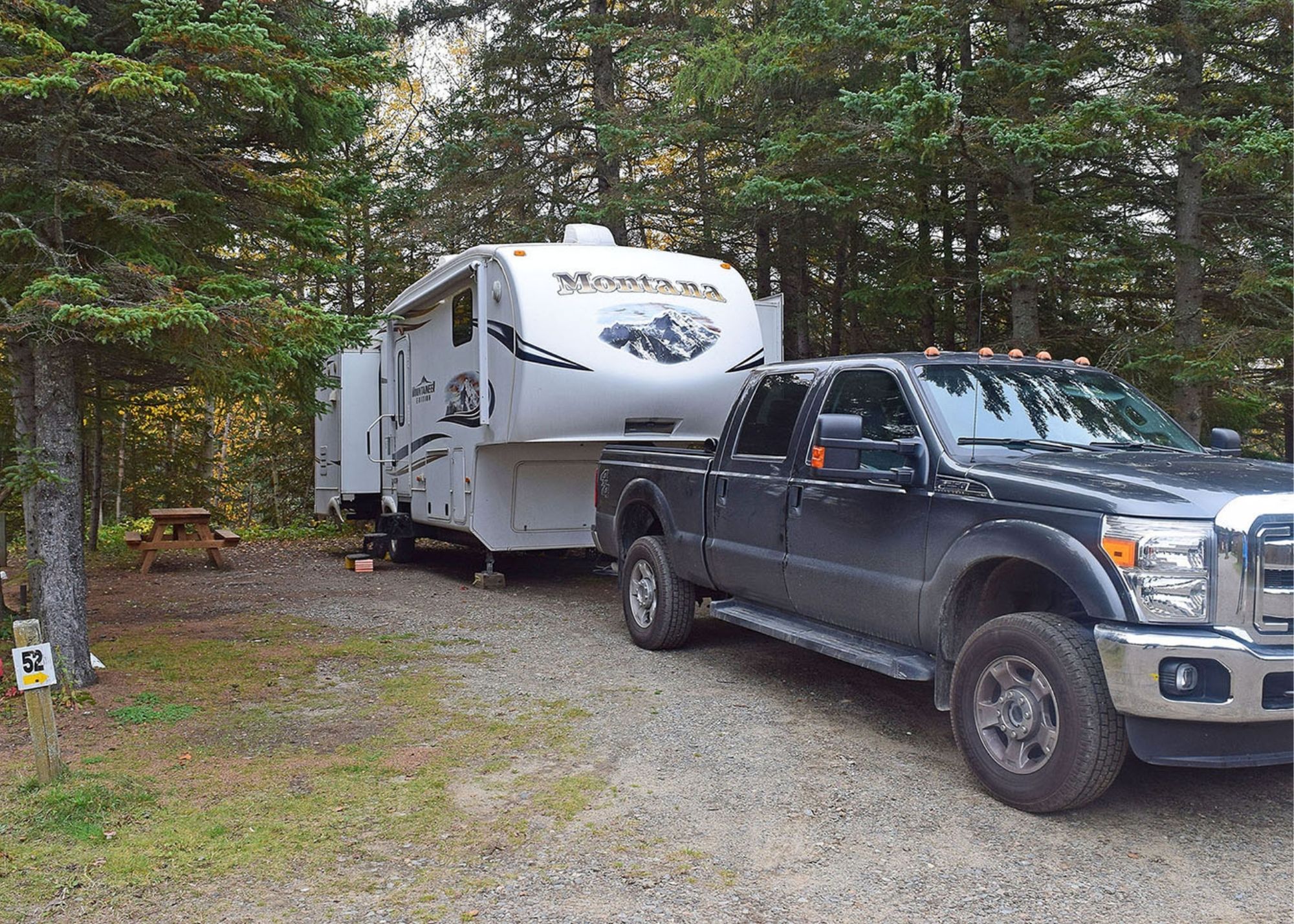 An Truck towing an RV parked at Wawa RV Park and Campground, another place to stay when RVing in White River, Ontario.