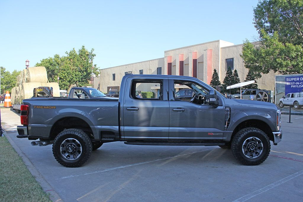 Side-view of a grey 2023 Ford Super Duty.