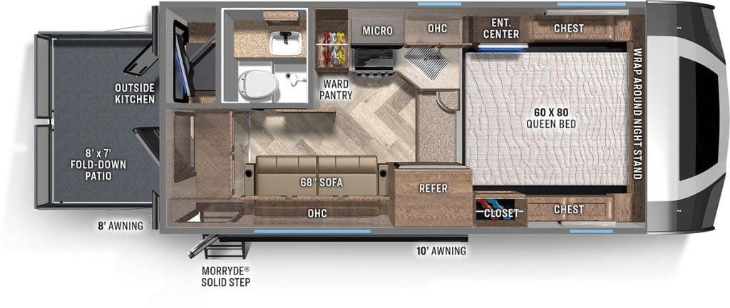 The floorplan of the Palomino Backpack Truck Camper 2912. First from the left is an 8’x7’ fold-down patio with an outside kitchen and an entrance into the camper. Next, along the driver’s side, is the washroom, ward pantry, kitchen entertainment centre, and storage. A 60”x80” Queen size bed occupies the front of the trailer with an entertainment centre and hold on the driver-side, a closet and chest storage on the passenger side. Continuing back, along the passenger side, from the right, is the fridge and a 68” sofa. Beside the couch is the main entrance.