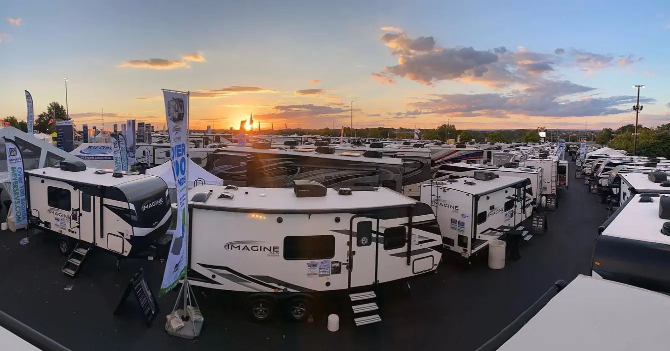 Imagine XLS and AIM trailers set up at the 2022 Hershey RV Show.