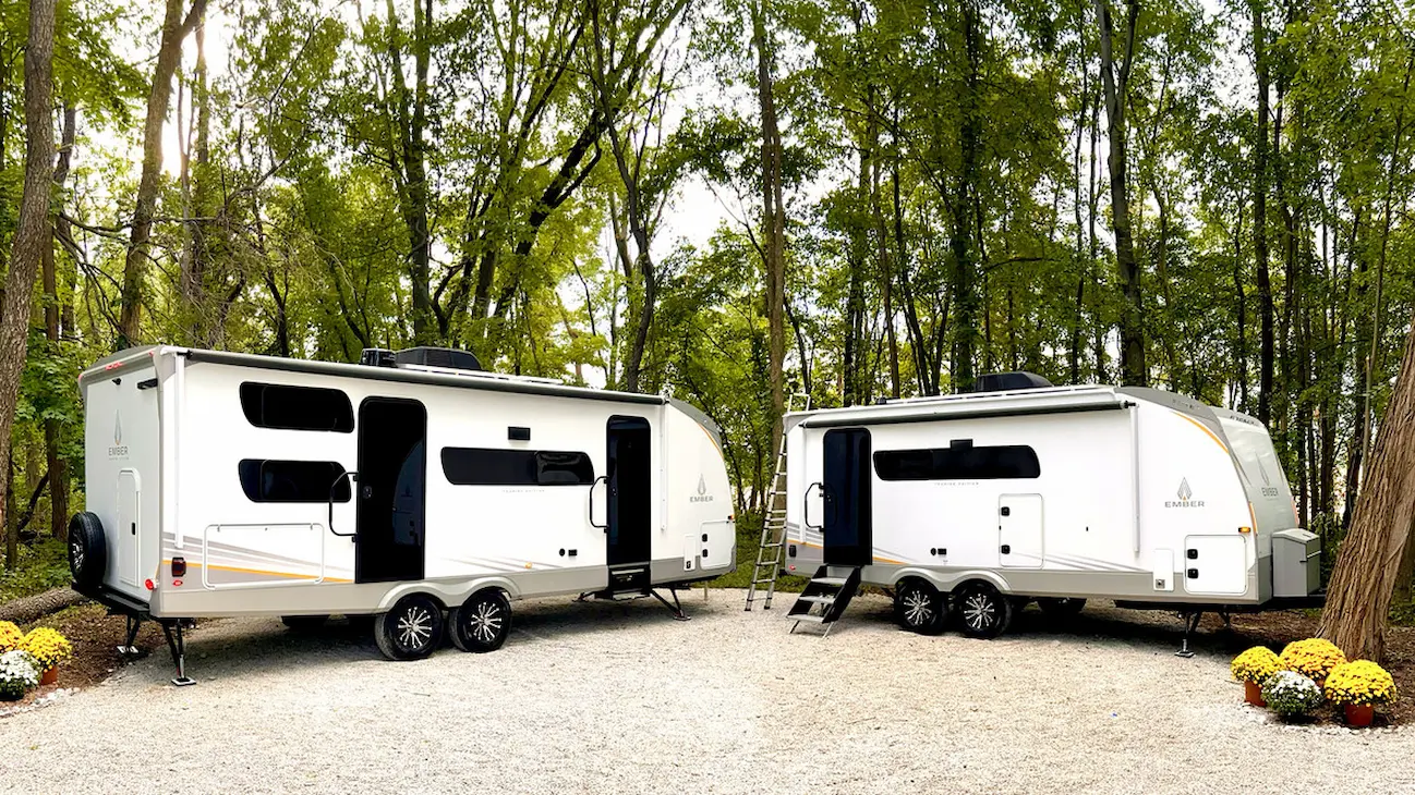 Exterior look two Ember trailers, including their new Touring Edition 20FB in front 
