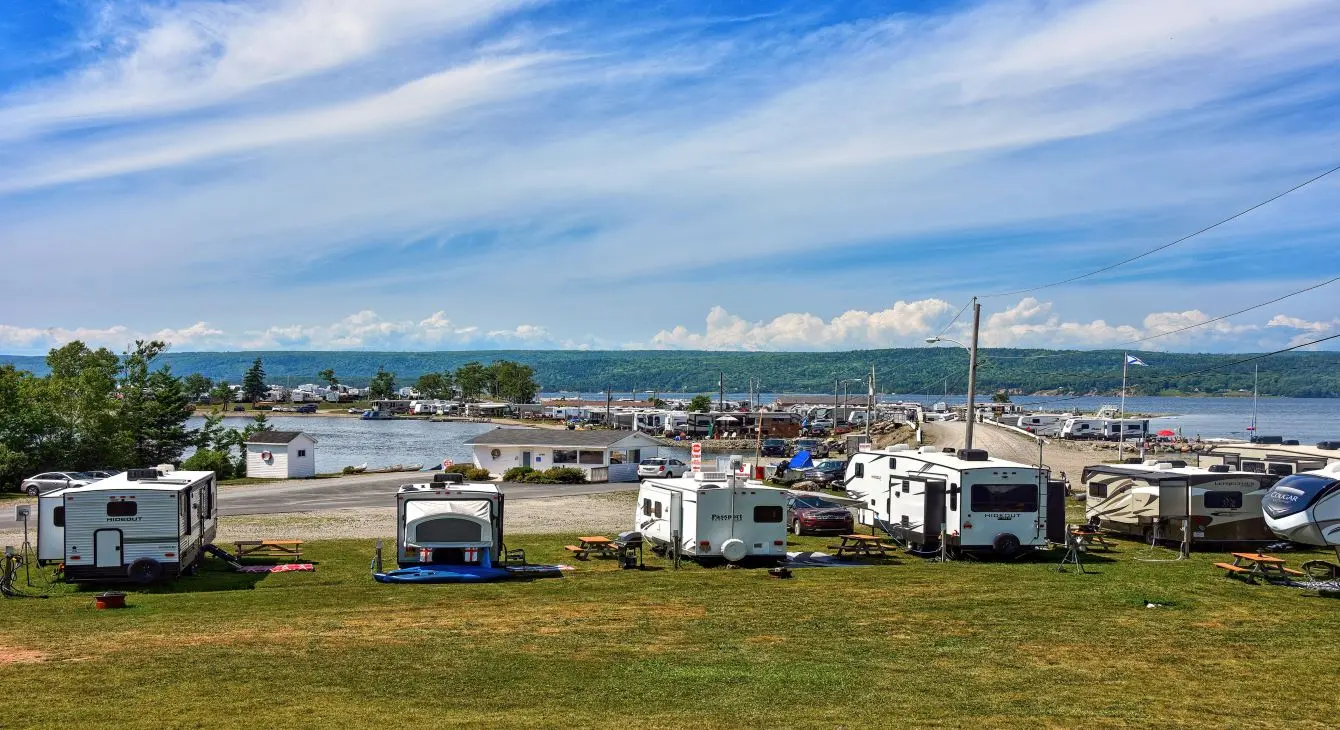 Several RVs parked on a sunny summer day in a campground.