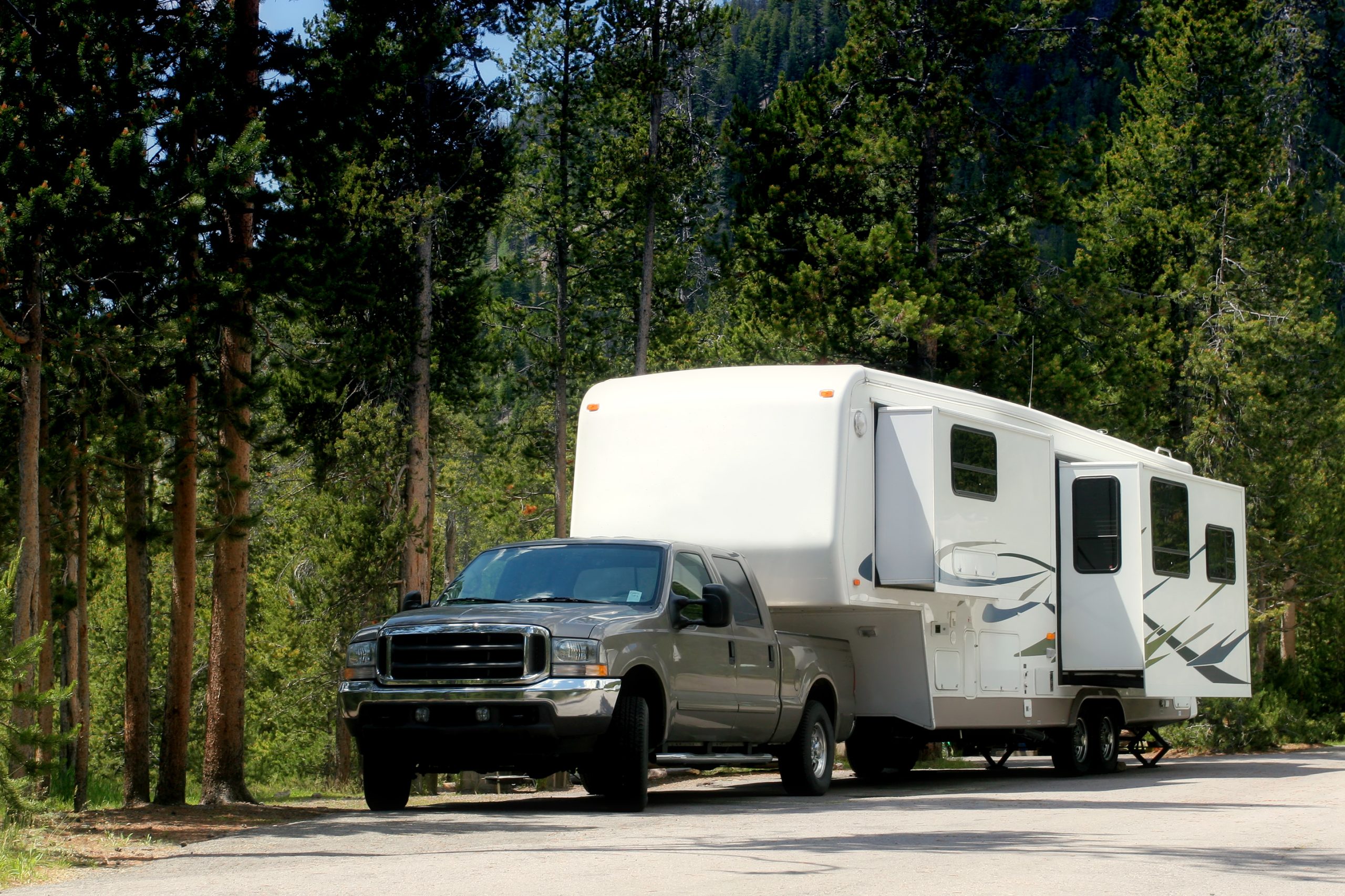 A grey pickup truck pulling a fifth-wheel motorhome is parked at the side of a road lined with pine trees.