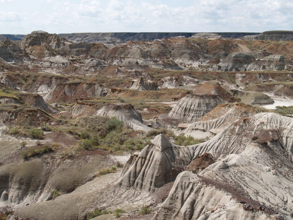 Image of the Great Plains in the Alberta Badlands, showing sand hills and dry grass. 