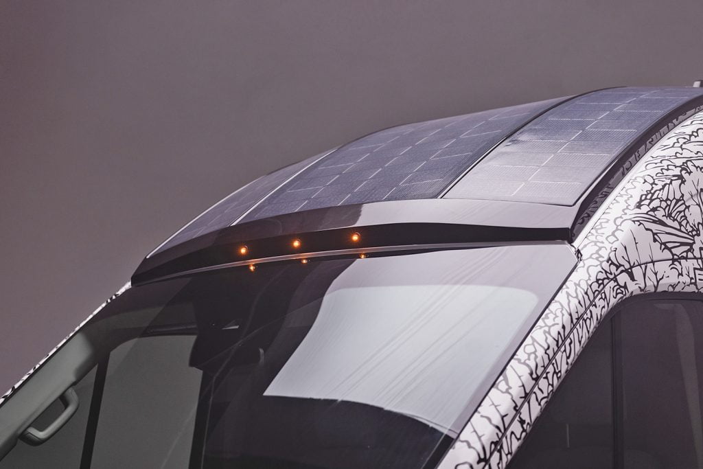 Close up look at the solar panel on the roof of a Winnebago eRV2.