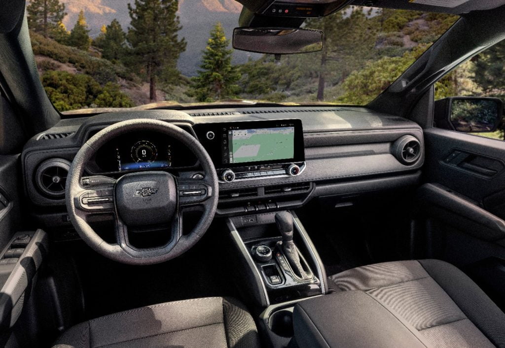 A close-up photo of the dash and navigation systems of a 2023 Chevrolet Colorado