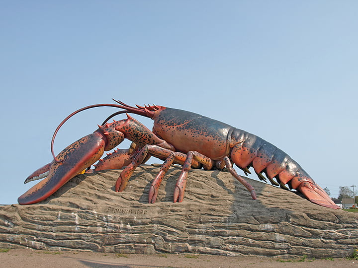 A statue of a giant lobster atop rocks in Shediac, New Brunswick