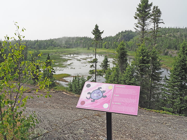A trail marker on the Bimose Kinoomagewnan Trail. The sign displays a traditional Indigenous turtle drawing. In each corner is a different coloured circle – black, yellow, red, and white – representing the medicine wheel.