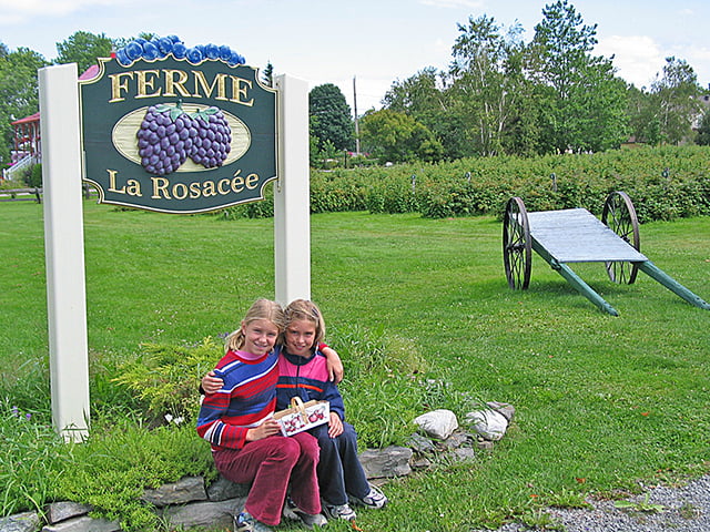 Two children posing for a photo, arms around one another, with a basket for picking berries on their lap.