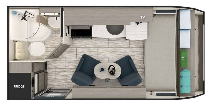 The floorplan of the Lance 1475 Travel Trailer includes a three piece bath, refrigerator, two comfortable recliners and kitchen table, stovetop and oven, sink, television, storage, and sofa bed.