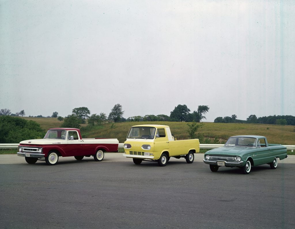An image featuring three 1961 Ford Econoline and Ranchero pickup trucks. One truck is red and white, another is yellow, and the third is turquoise. The vintage vehicles showcase that era's unique Econoline and Ranchero designs.