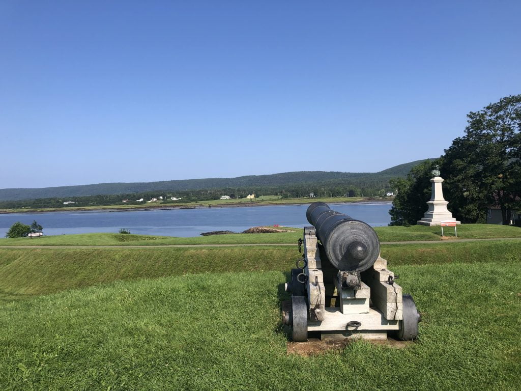 an image of a cannon resting on a grassy area, with a serene body of water visible in the distance.
