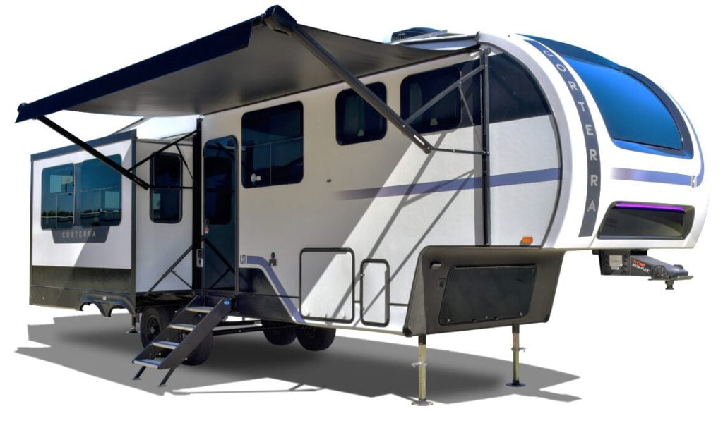 Front view of the Heartland Corterra fifth wheel trailer with the slides out.