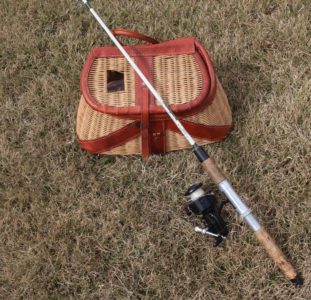An image of a bag in the grass with a fishing rod on top.