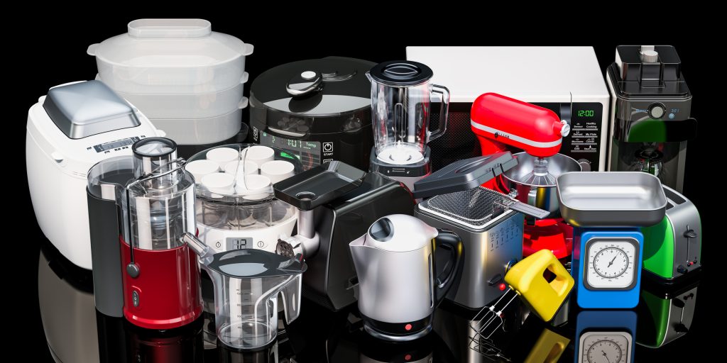 Set of small kitchen home appliances. 3D rendering isolated on black background.