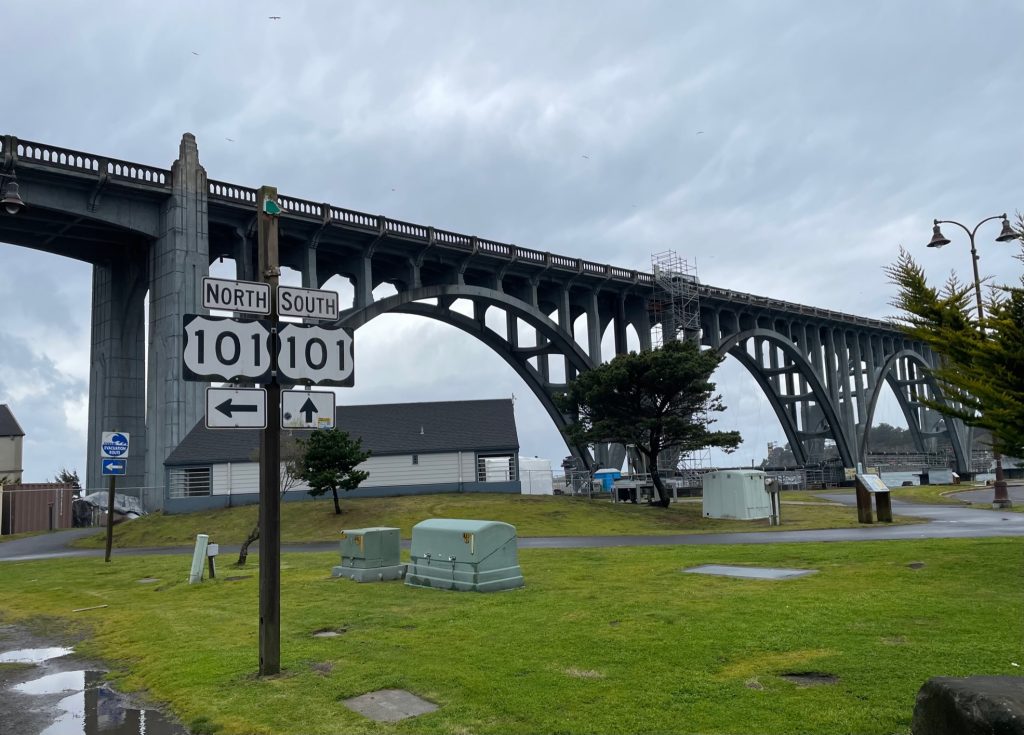 Highway 101 crosses the Yaquina Bay Bridge in Newport, Oregon.