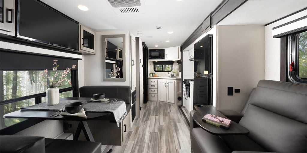 The Kitchenette and living space inside the 2024 Jayco Jay Feather.