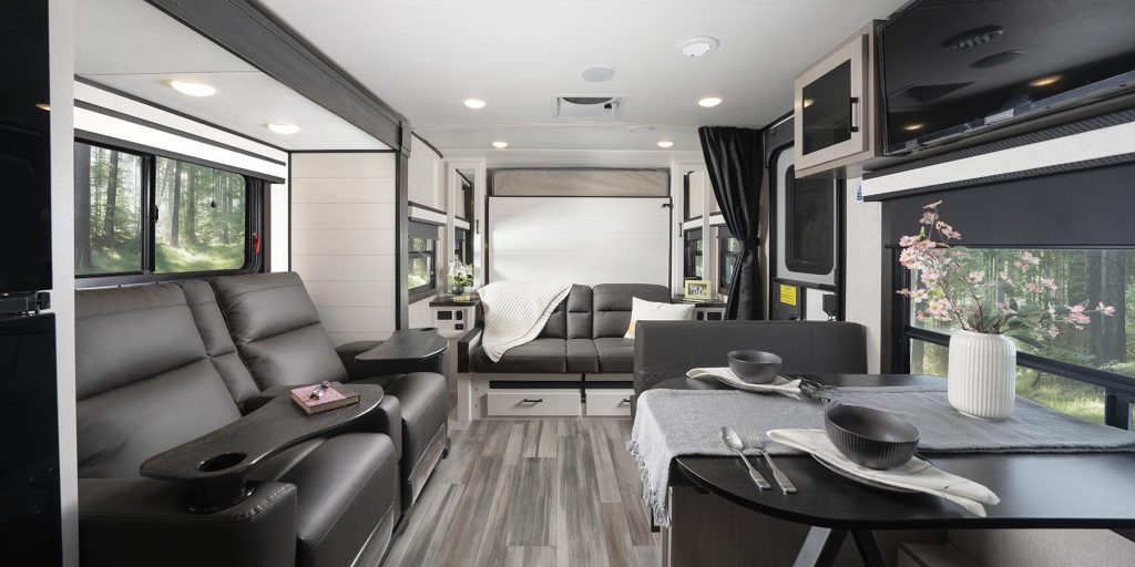 View of the spacious back of the Jayco Jay feather travel trailer