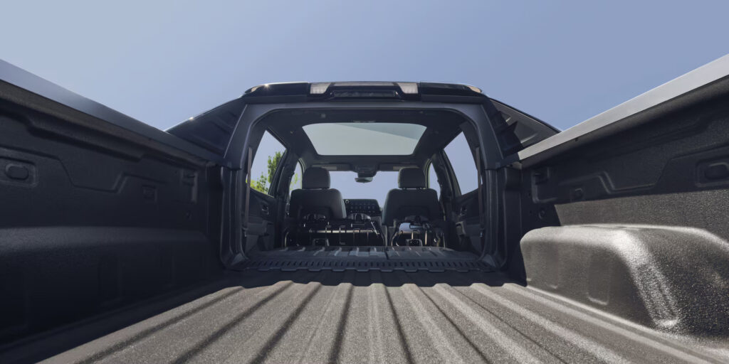 View of the bed on the Chevrolet Silverado EV from the tailgate.