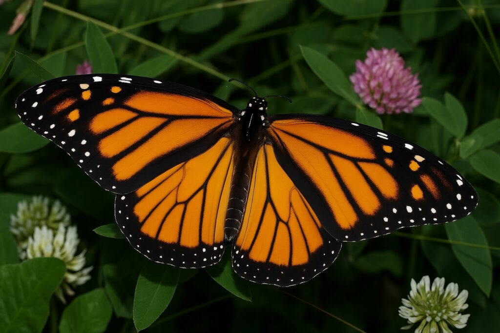 Female monarch butterfly landed on a bush it has darker wings and thicker veins than a male monarch butterfly.