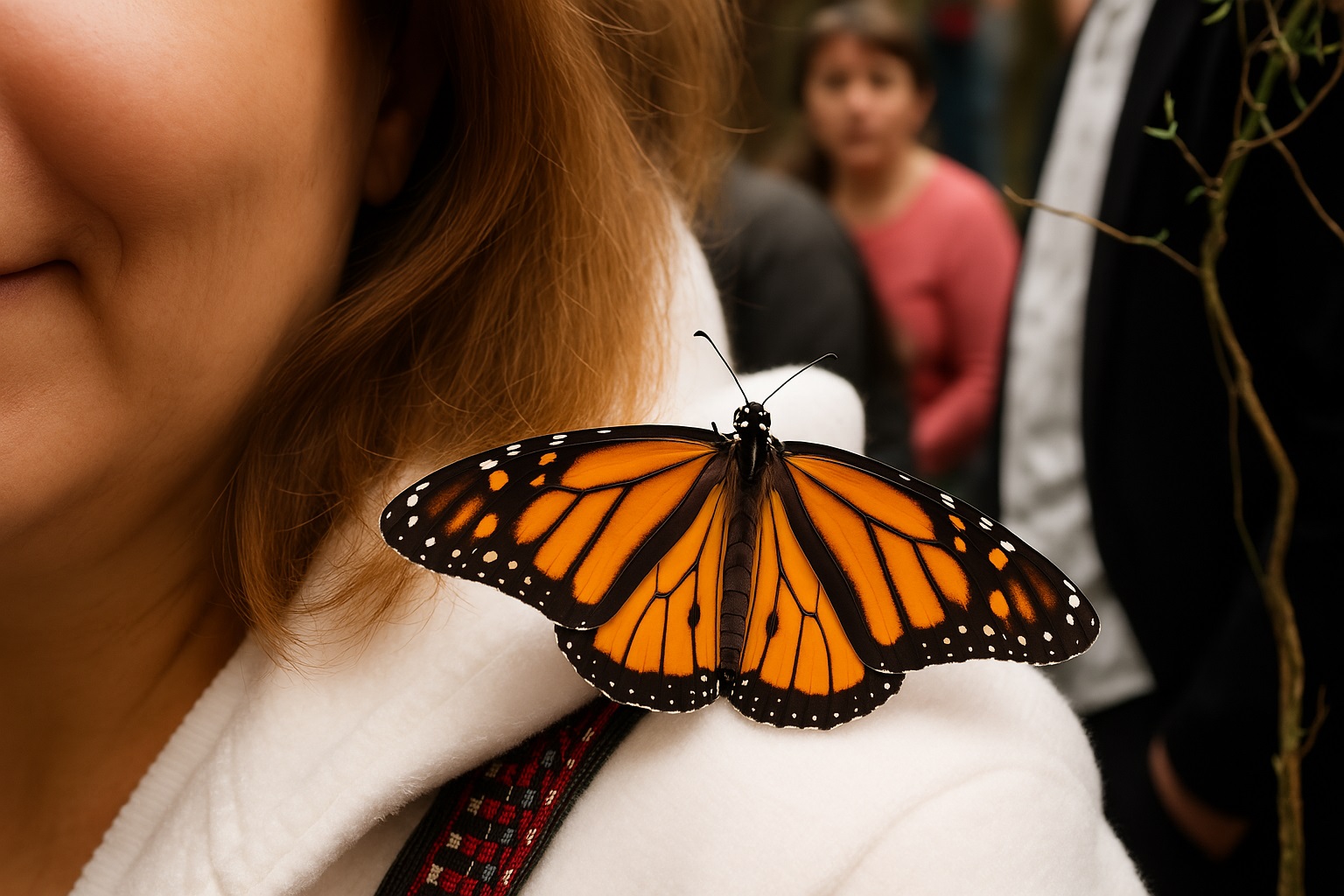 Male monarch butterfly landed on a person’s shoulder.
