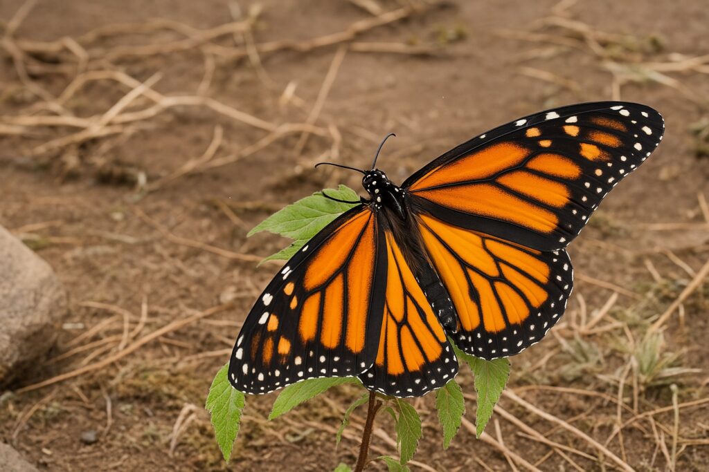 A male Monarch butterfly landed on a plant on the ground.